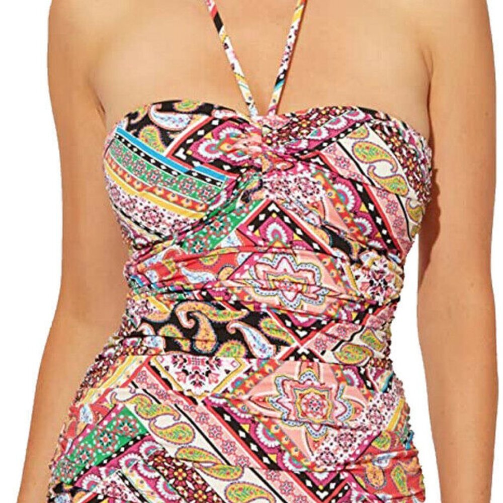 NWT Bleu Rod Beattie Women's Patchwork Paisley Swim Top Bandeau Halter Pink 4